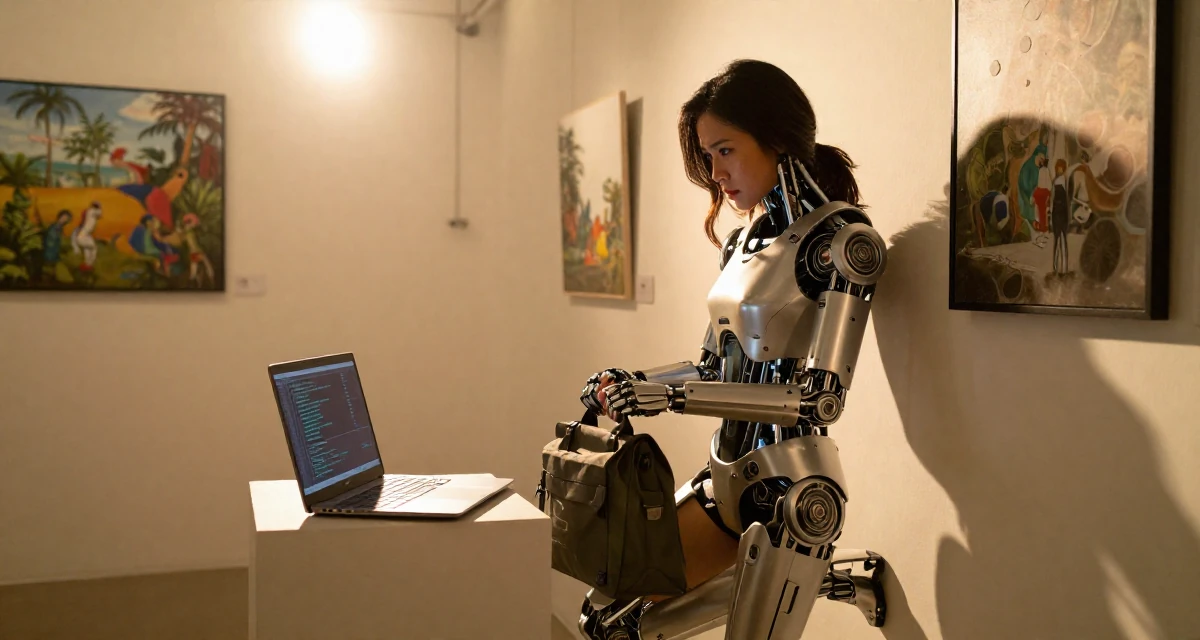 A troubled Female From Thailand, based in Phuket, graduated from a media academy majoring in tropical glamour production in their 24, exploring unconventional career paths, wearing a futuristic android body armor with exposed mechanical parts, closing a bag in a art gallery hall.
