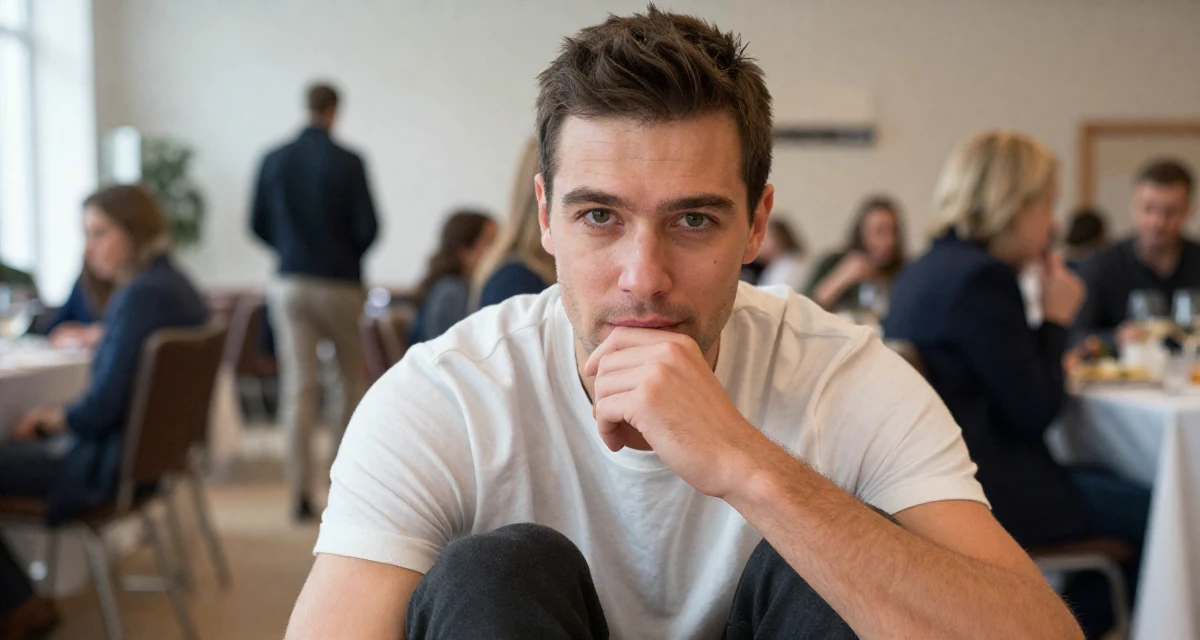 A resilient male From Hamburg Germany, majored in sociology in their 24, building a sensual brand with consistency, wearing a minimalist everyday clothing, biting the lower lip softly in a banquet hall.