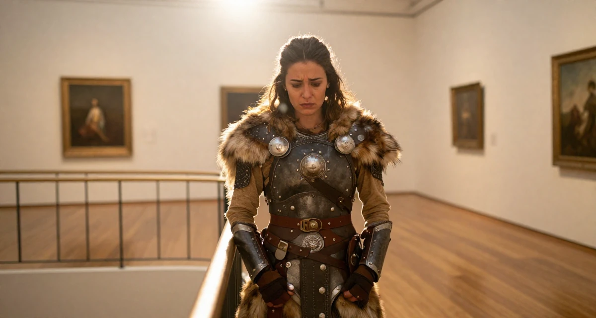 A sorrowful Female Born in South Africa, studied political communication in their 25, learning to batch-shoot to save time, wearing a viking shield-maiden outfit with fur and leather, putting hands in pockets in a art gallery hall.