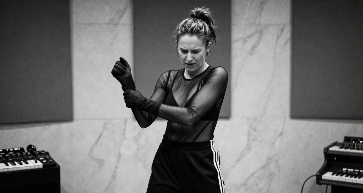 A impatient Female From Gothenburg Sweden, studied sustainable development in their 47, expert in navigating difficult conversations, wearing a mesh paneled bodysuit and track pants, removing a glove in a music studio.