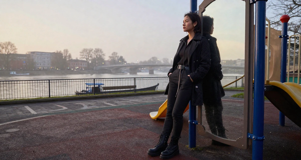 A soulful Female From Vietnam, majored in international business in their 37, focused on building generational wealth, wearing a edgy street style with boots, putting hands in pockets in a school playground.