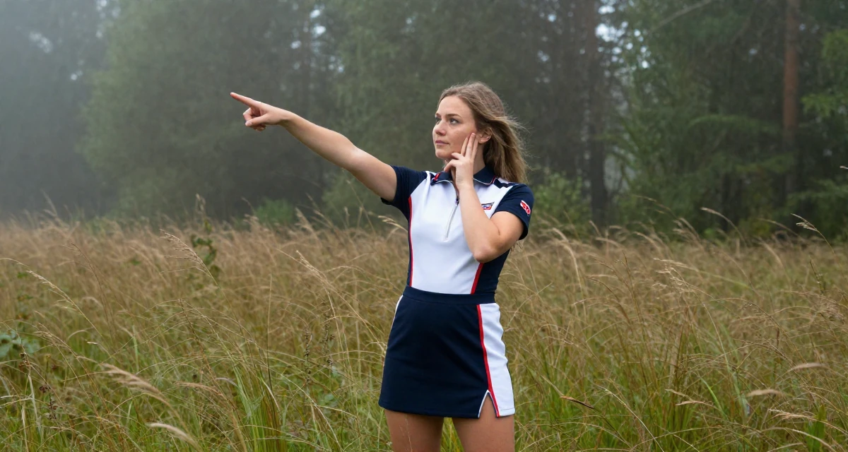 A poised Female From Bergen Norway, studied business economics in their 25, trying to avoid burnout from overthinking every post, wearing a race queen outfit with a zipper front and mini skirt, pointing at something distant in a dense misty forest.