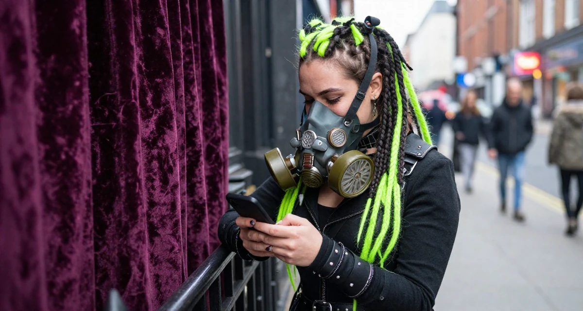 A quietly happy Female From UK, trained in musical theatre in their 20, spending too much time scrolling social media, wearing a cyber-goth outfit with gas mask and neon dreads, gripping a lapel in a neon-lit street.