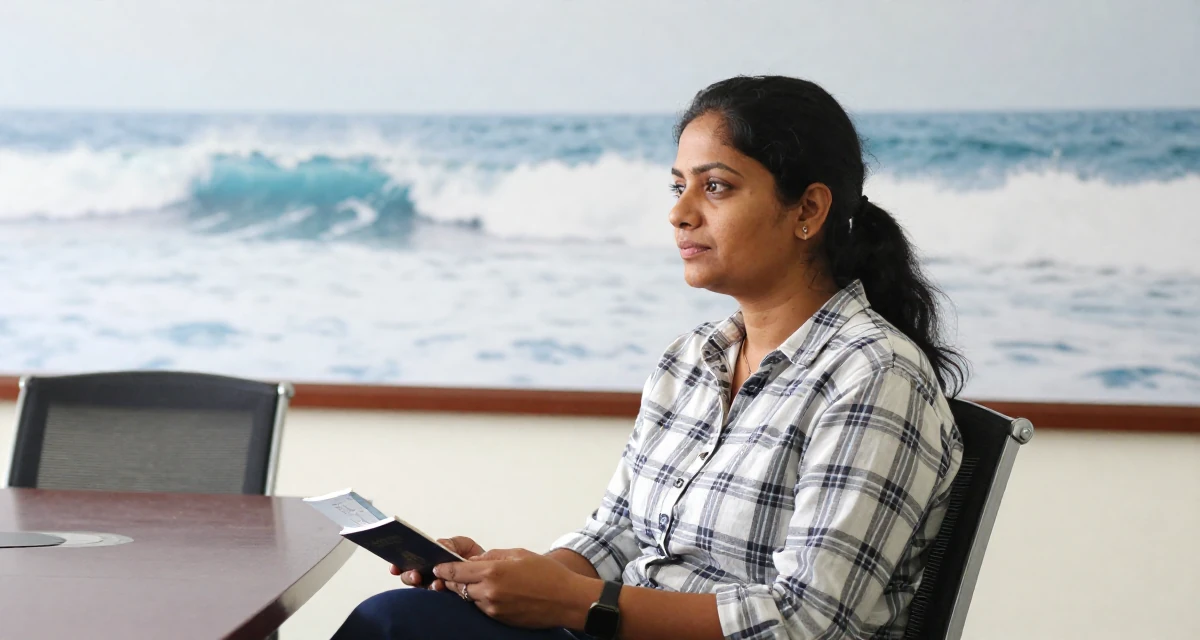 A grounded Female From Bangladesh, studied textile engineering in their 50, feeling more vibrant and energetic than ever, wearing a casual plaid button-down, holding a passport or ticket in a conference room.