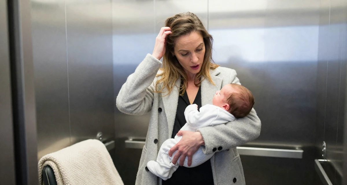 A subtly surprised Female From Montreal Canada, studied erotic art history and creative expression in their 35, caring for a newborn, wearing a elegant woolen coat styling, scratching a head lightly in a corporate elevator.