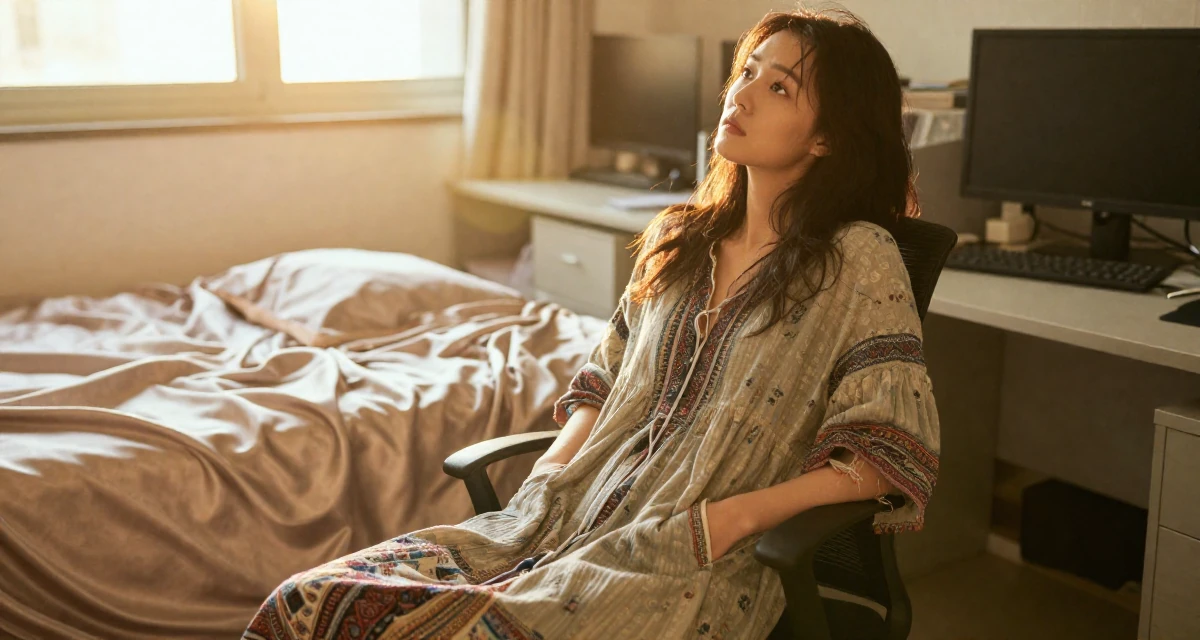 A longing Female From China, majored in journalism in their 22, trying to grow without losing privacy or sanity, wearing a relaxed bohemian style dress, putting hands in pockets in a office workspace.