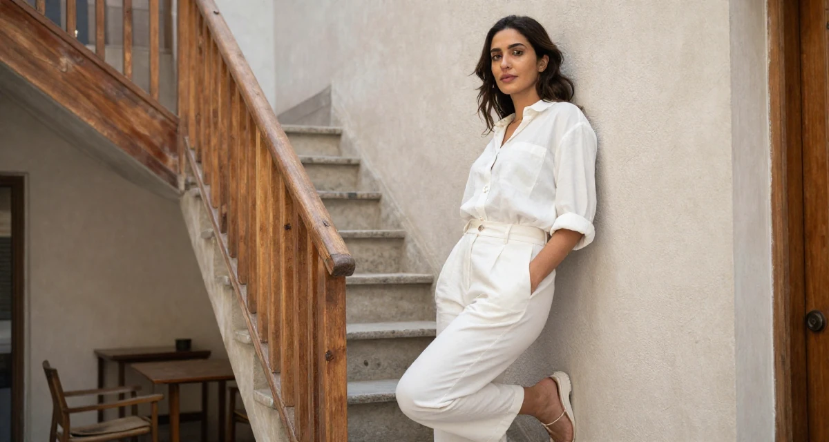 A confident and poised Female From Alexandria Egypt, practiced creative self-portraiture in their 32, building a personal brand on LinkedIn, wearing a urban minimalist silhouette, rolling up sleeves in a winding staircase.