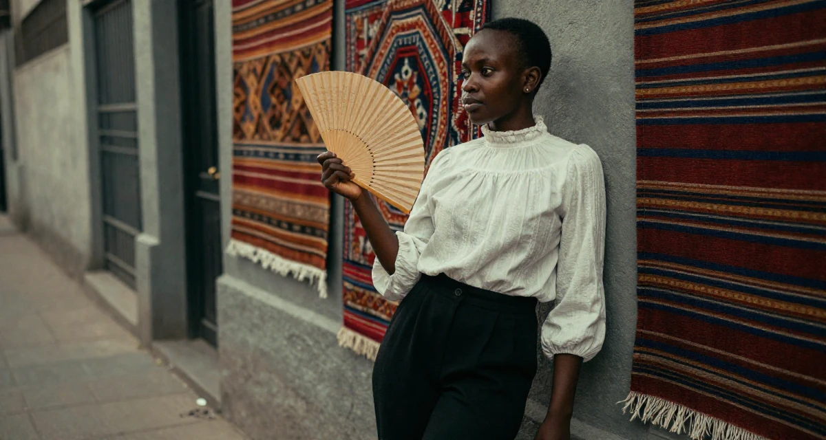 A resilient Female From Tanzania, studied wildlife conservation in their 25, exploring safe ways to promote content without judgment, wearing a high-neck victorian style blouse and black slacks, fanning self with a hand in a city sidewalk.