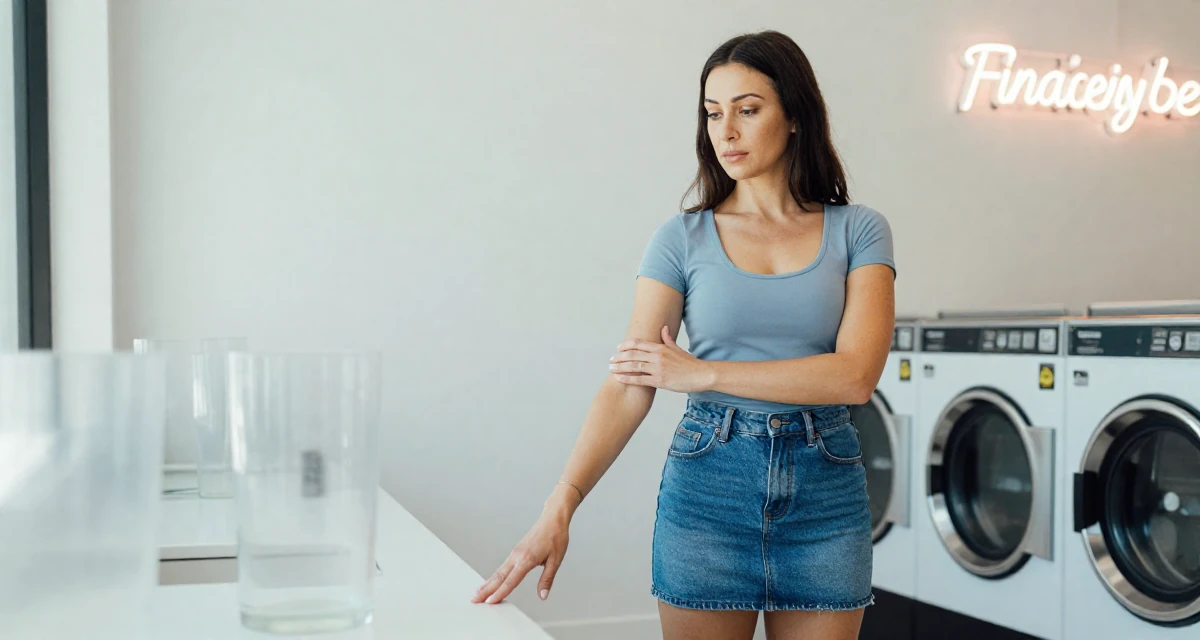 A stoic and strong Female From Sydney Australia, trained in pole fitness and expressive dance in their 35, teaching financial literacy to other women, wearing a fitted scoop neck tee and a denim mini skirt, tapping a foot rhythmically in a laundromat with neon signs.
