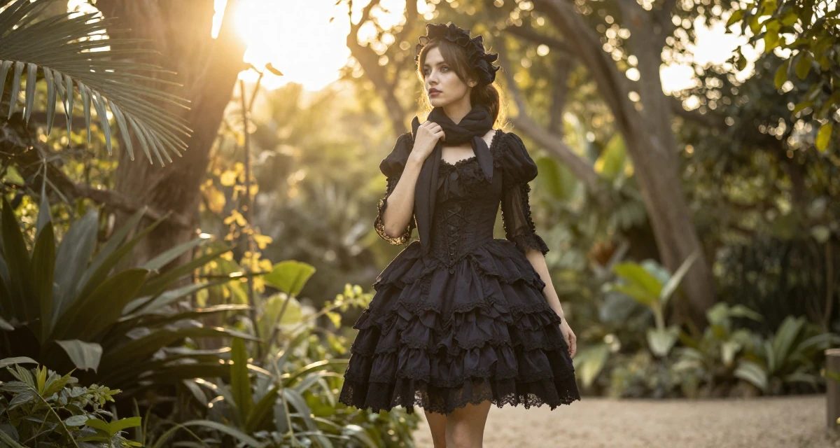 A sophisticated Female From France, studied fashion design in their 36, sharing realistic fitness routines for busy people, wearing a elaborate gothic lolita dress with frills and lace, wrapping a scarf around the neck in a botanical garden.