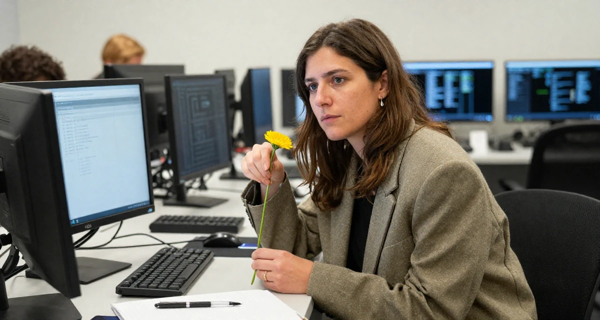 A solemn Female From France, studied viticulture and oenology in their 32, finding confidence in a leadership role, wearing a oversized blazer draped over the shoulders, holding a single flower in a cybernetic computer lab.