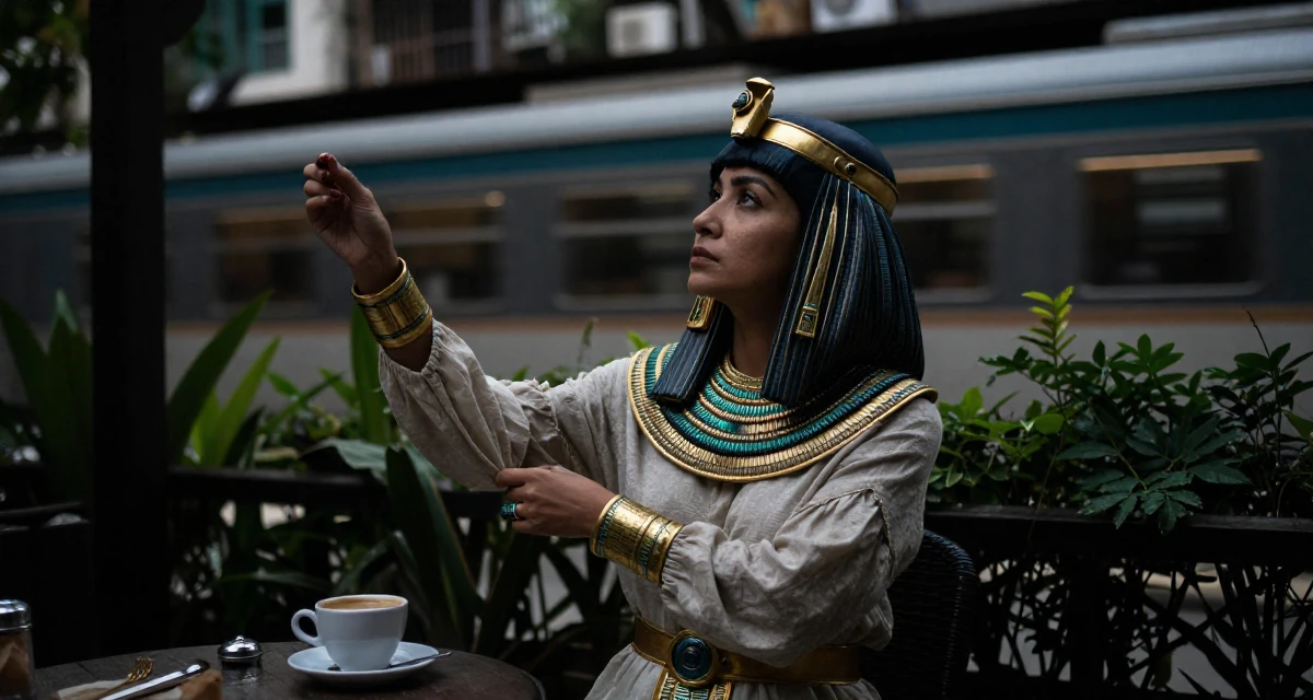 A contemplative Female From Hanoi Vietnam, practiced boudoir photography concepts in their 42, renovating a forever home with detailed care, wearing a egyptian queen costume with gold collar and linen, adjusting sleeves in a garden patio.
