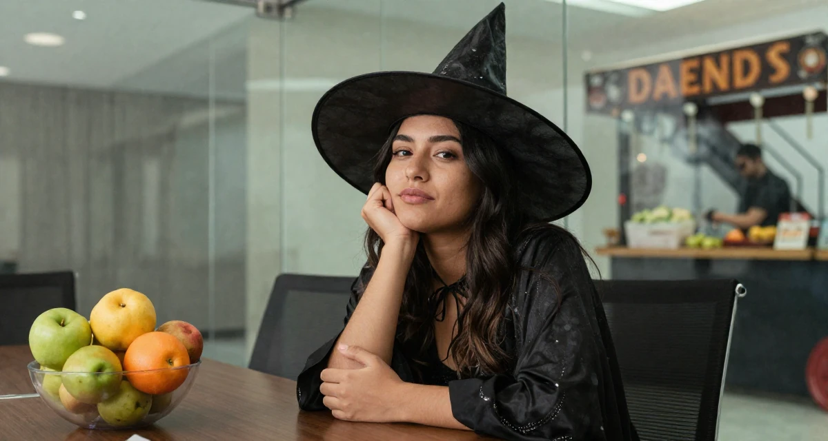 A relieved Female From Mexico, majored in advertising and PR in their 21, embracing a carefree bohemian lifestyle, wearing a classic witch costume with a wide-brimmed hat, adjusting sleeves in a glass-walled conference room.