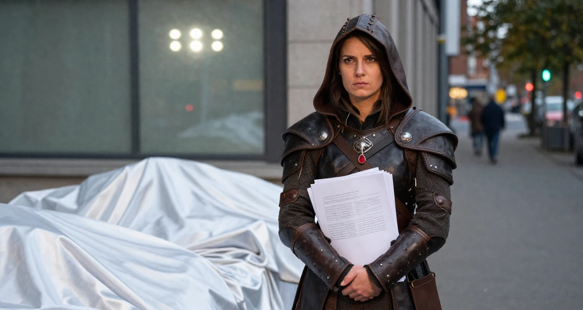 A stoic and strong Female From Germany, based in Düsseldorf, graduated from a design university majoring in atmospheric visual storytelling in their 23, managing early burnout from overcommitment, wearing a fantasy rogue leather armor with a hood, carrying a stack of documents in a city sidewalk.