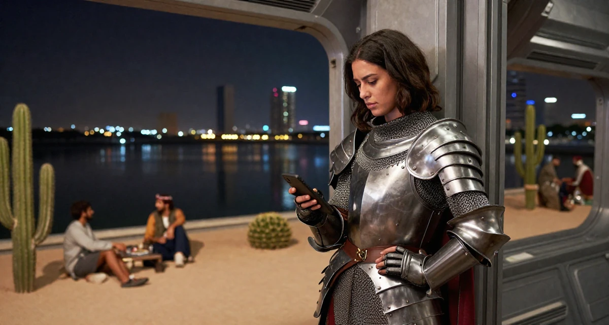 A bashful Female From Abu Dhabi UAE, studied finance and banking in their 22, grinding nonstop while peers enjoy carefree weekends, wearing a female knight armor with a tabard and chainmail, scrolling casually in a spaceship corridor.