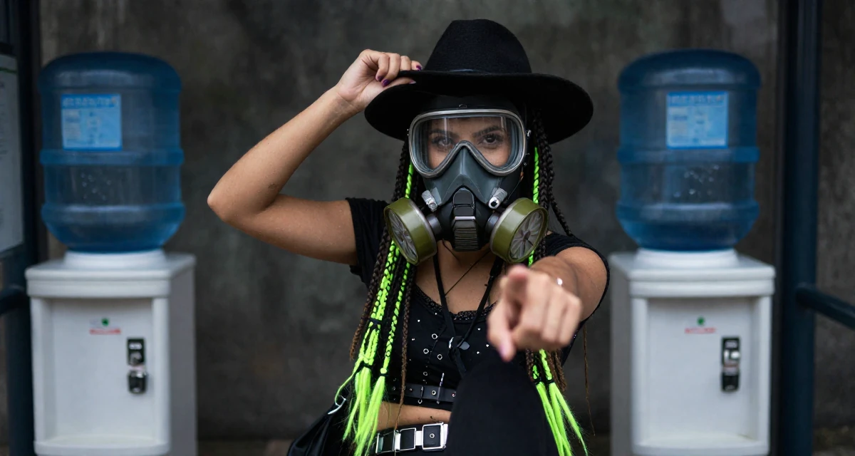 A sweet Female From Brazil, based in Rio de Janeiro, graduated from an arts academy majoring in performance aesthetics in their 24, fine-tuning creative style and lighting setups, wearing a cyber-goth outfit with gas mask and neon dreads, adjusting a hat in a bus stop.