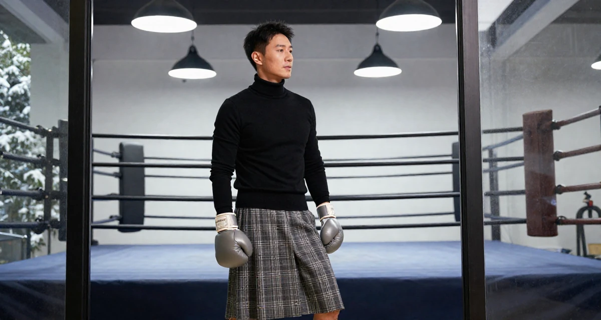 A zen-like male From ChangSha China, holds a degree in human resource management in their 40, celebrating a decade of professional mastery, wearing a classic black turtleneck tucked into a plaid midi skirt, pausing mid-step in a boxing ring.