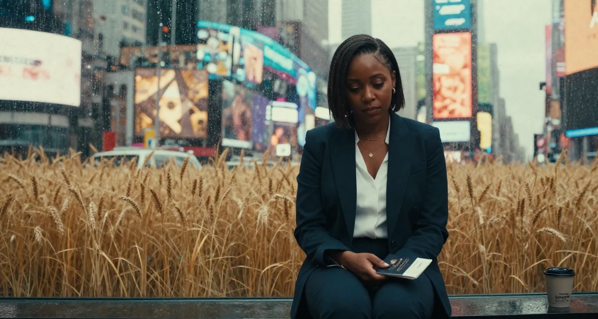 A shy Female From Barbados, majored in digital entrepreneurship in their 22, feeling like a small fish in a big corporate pond, wearing a sleek modern tailored look, holding a passport in a golden wheat field.