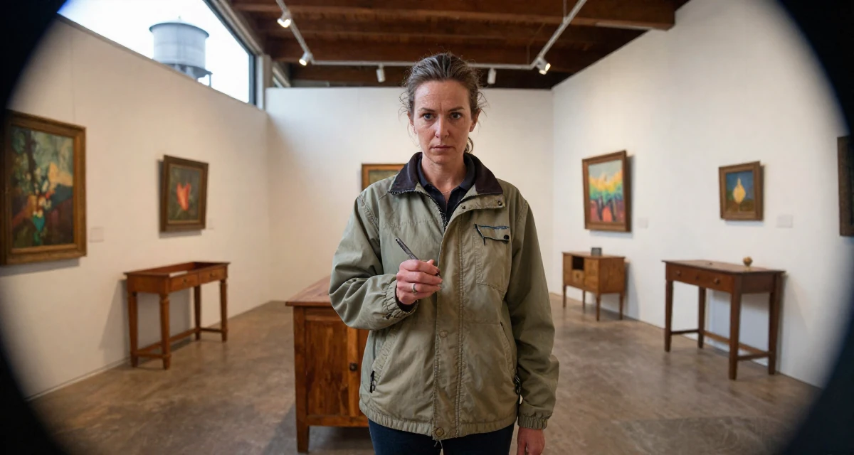 A seriously concentrated Female From Australia, studied marine biology on the coast in their 49, preparing for a spiritual pilgrimage, wearing a retro windbreaker jacket, holding a pen in a art gallery hall.