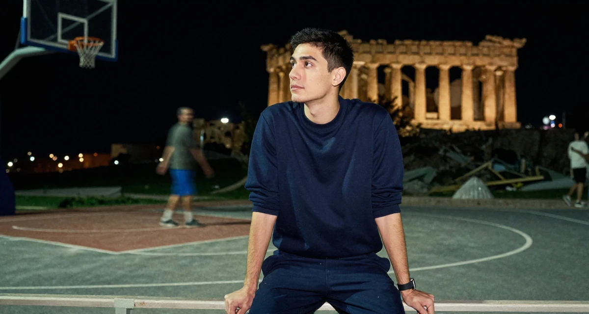 A solemn but kind male Former graphic design student, now using visuals for intimate storytelling in their 57, balancing health issues and work, wearing a classic navy blue ensemble, waiting for a light to change in a basketball court.