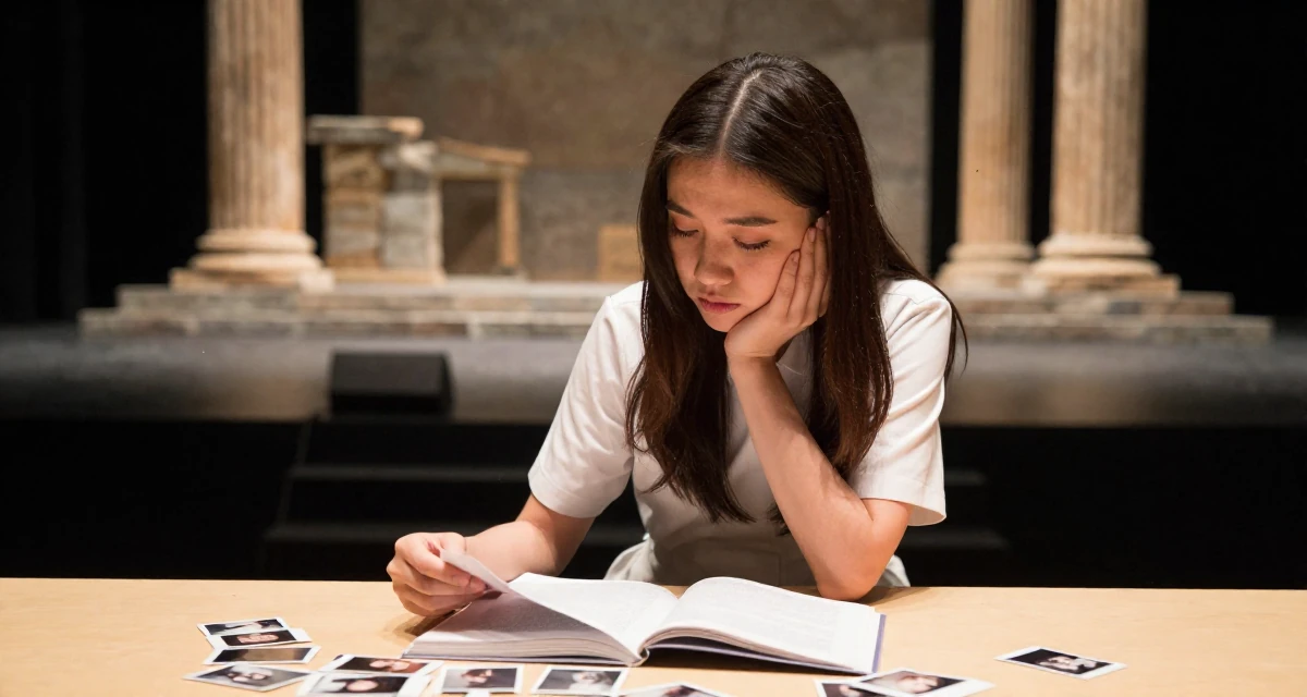 A fragile Female From Cebu Philippines, majored in nursing in their 22, realizing their parents were right about sleep, wearing a refined casual Friday look, turning a page in a empty theater stage.