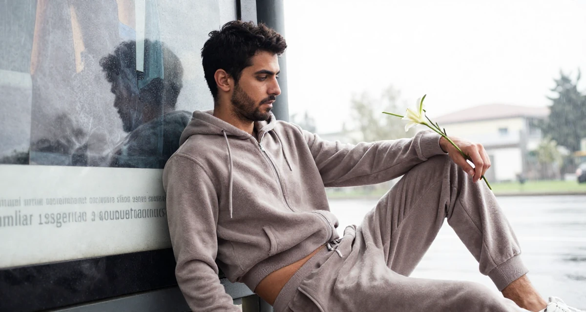 A mysterious male From Israel, majored in computational biology in their 34, refining personal style to be timeless, wearing a velour tracksuit with a cropped zip-up hoodie, holding a flower in a bus stop in the rain.