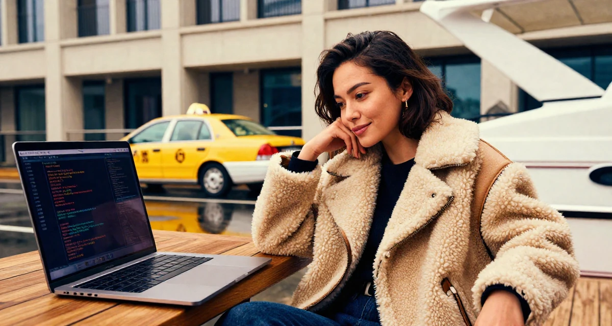 A gentle Female Once a taekwondo athlete, now a confidence-driven creator in their 33, teaching coding and tech skills online, wearing a warm shearling jacket, waiting for a taxi in a yacht deck.