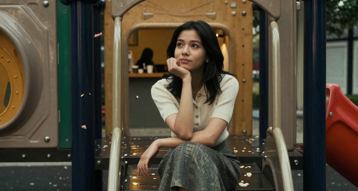 A grateful Female Once a gamer girl streamer, now expanding into lifestyle creator work in their 23, wondering if this hustle is worth the stress, wearing a knitted polo shirt tucked into a midi skirt, catching a falling flower petal in a school playground.