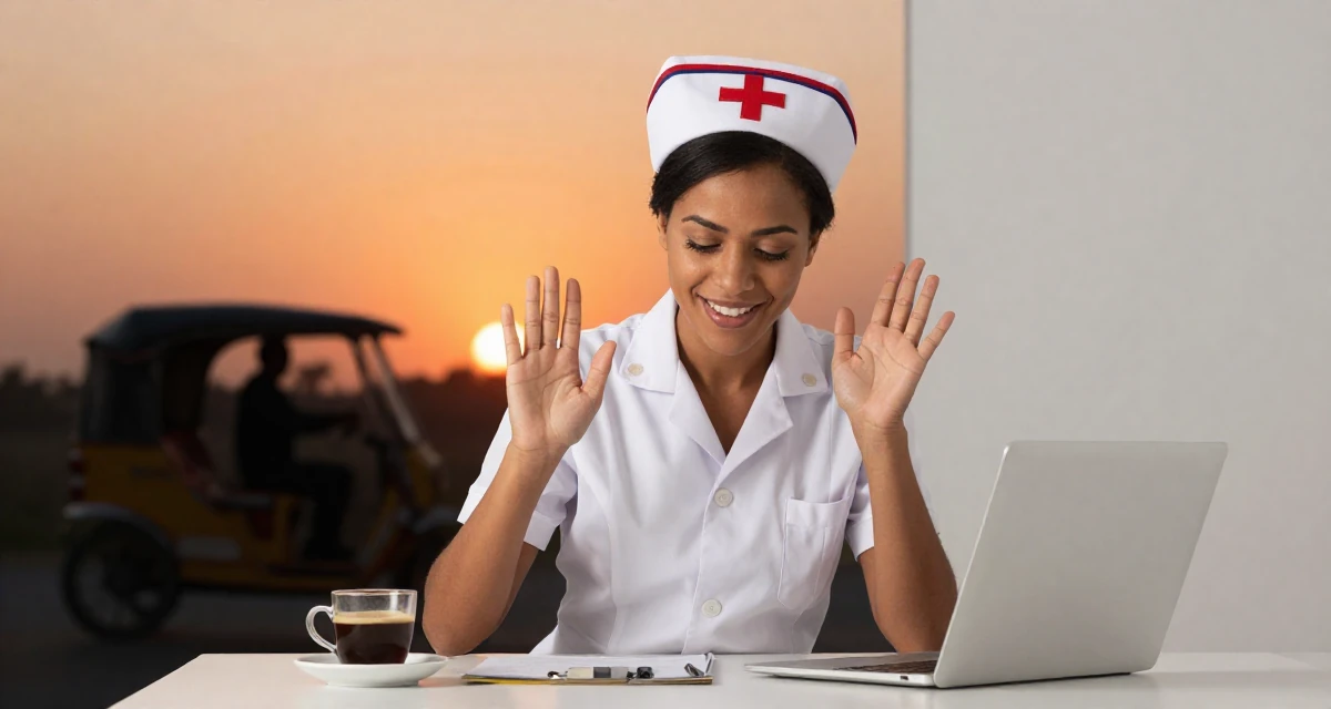A radiant Female From Madagascar, majored in ecotourism in their 27, feeling stuck between passion and survival, wearing a nurse cosplay uniform with a stylized cap, scrolling casually in a minimalist bedroom.