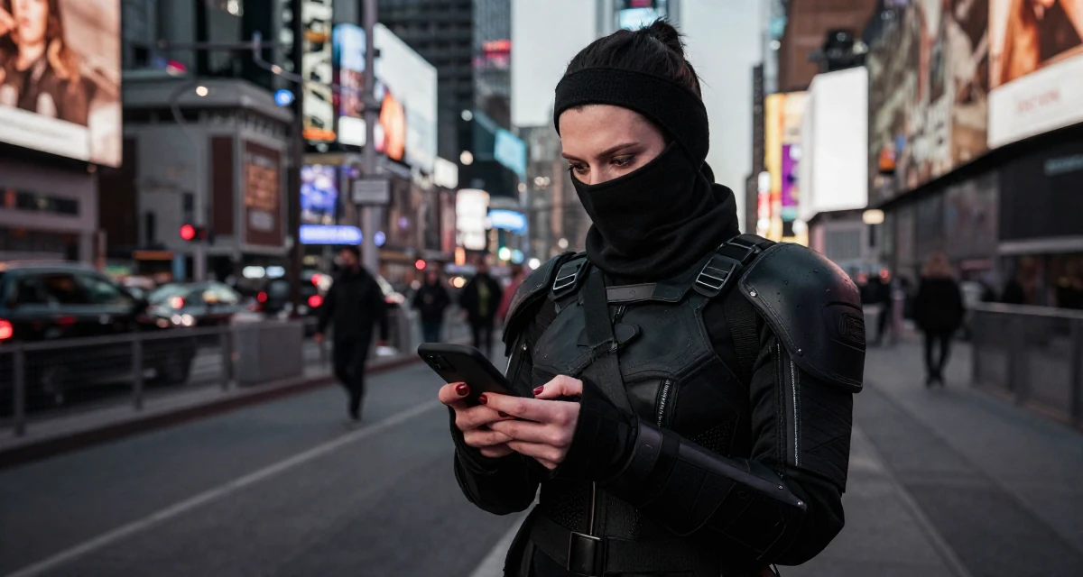 A suspicious Female Once a logistics coordinator, now creating body-positivity material in their 25, radiating an elegant and poised vibe, wearing a tech-wear ninja outfit with a face mask, unlocking a phone screen in a zoo pathway.