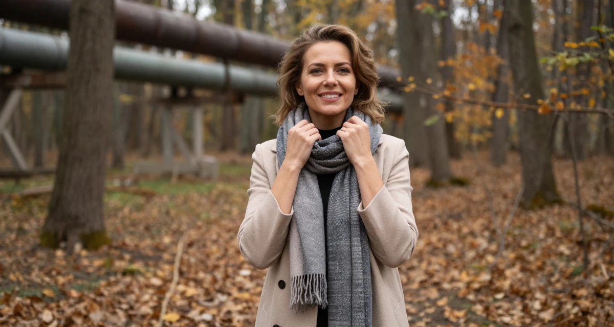 A cheerful Female From Belarus, studied performance media in their 22, embracing a more mature, sultry brand identity, wearing a modern casual lifestyle wear, adjusting a scarf in a magical forest clearing.