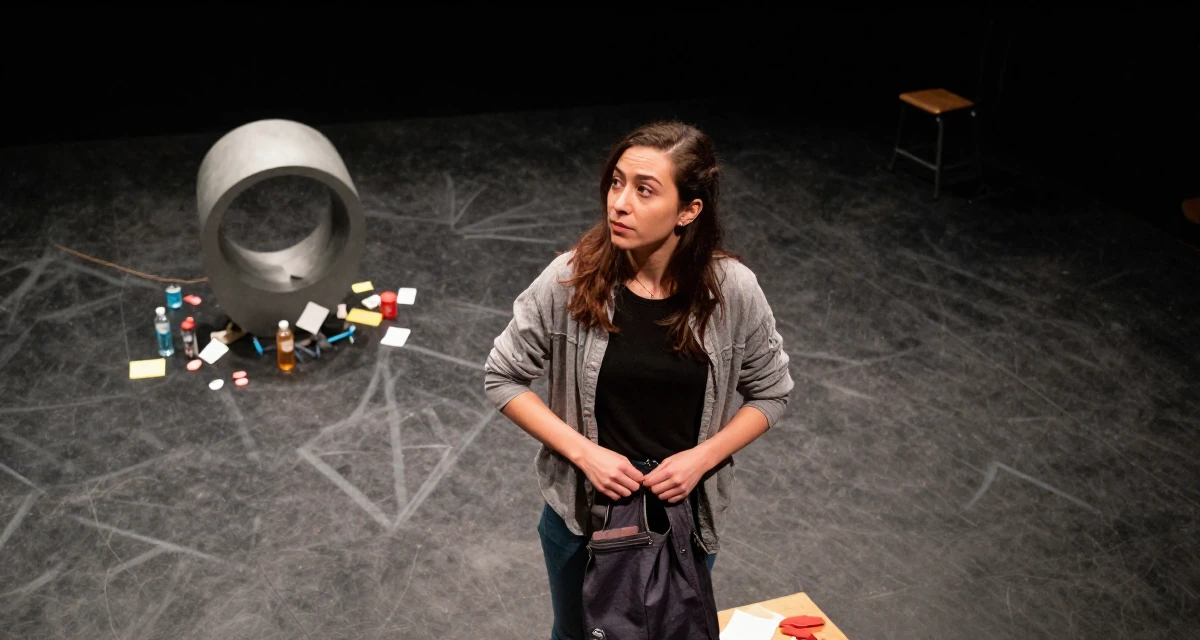 A relaxed and observant Female From Canada, majored in sociology and gender studies in their 25, hiding early creator work from family and classmates, wearing a modern casual lifestyle wear, zipping up a bag in a empty theater stage.