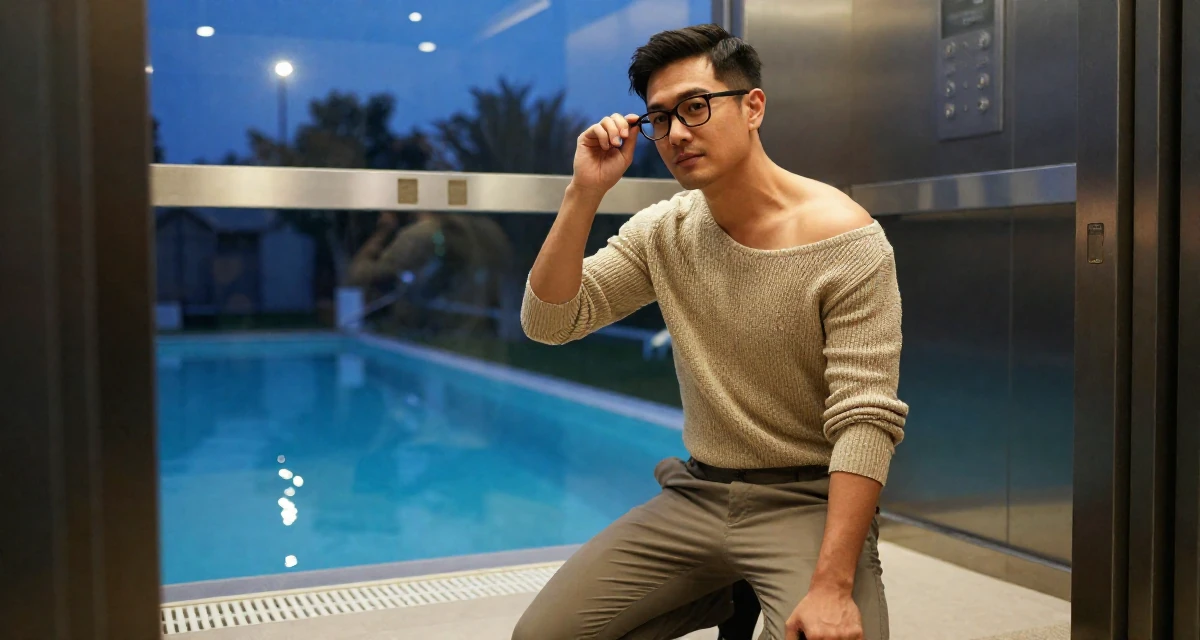 A reassured male Once a warehouse picker, now building a creator brand from scratch in their 35, planning for a legacy or long-term impact, wearing a off-the-shoulder knit top and fitted trousers, pushing glasses up the nose in a elevator hall.