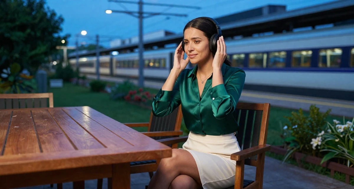 A gently amused Female Former hotel housekeeper, now offering intimate behind-the-scenes content in their 24, worried about the future of the economy, wearing a emerald green silk blouse and a cream skirt, adjusting headphones in a backyard garden.