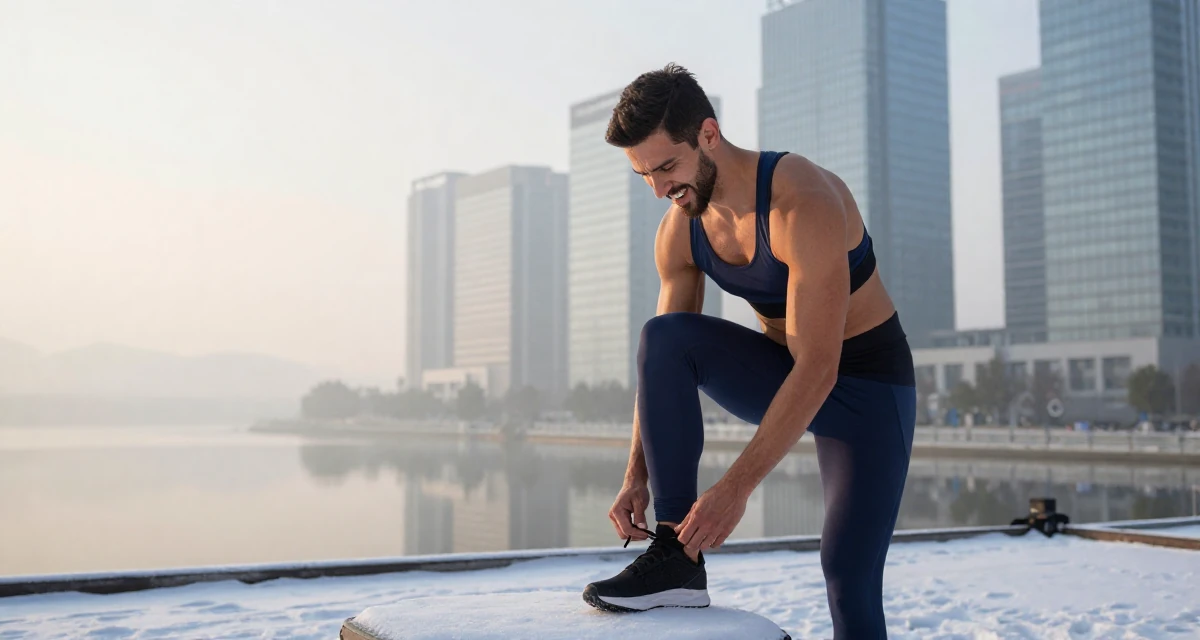 A triumphant male From Brazil, studied fashion merchandising in their 25, shaping long-term career direction, wearing a form-fitting athletic set with a sports bra and leggings, tying a shoelace in a boxing ring.