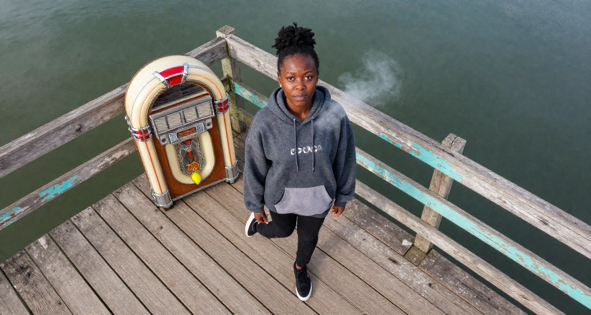 A whimsical Female From Rwanda, majored in social innovation in their 25, recognizing the value of mentorship and guidance, wearing a trendy oversized hoodie, dusting off the shoulder in a lakeside dock.
