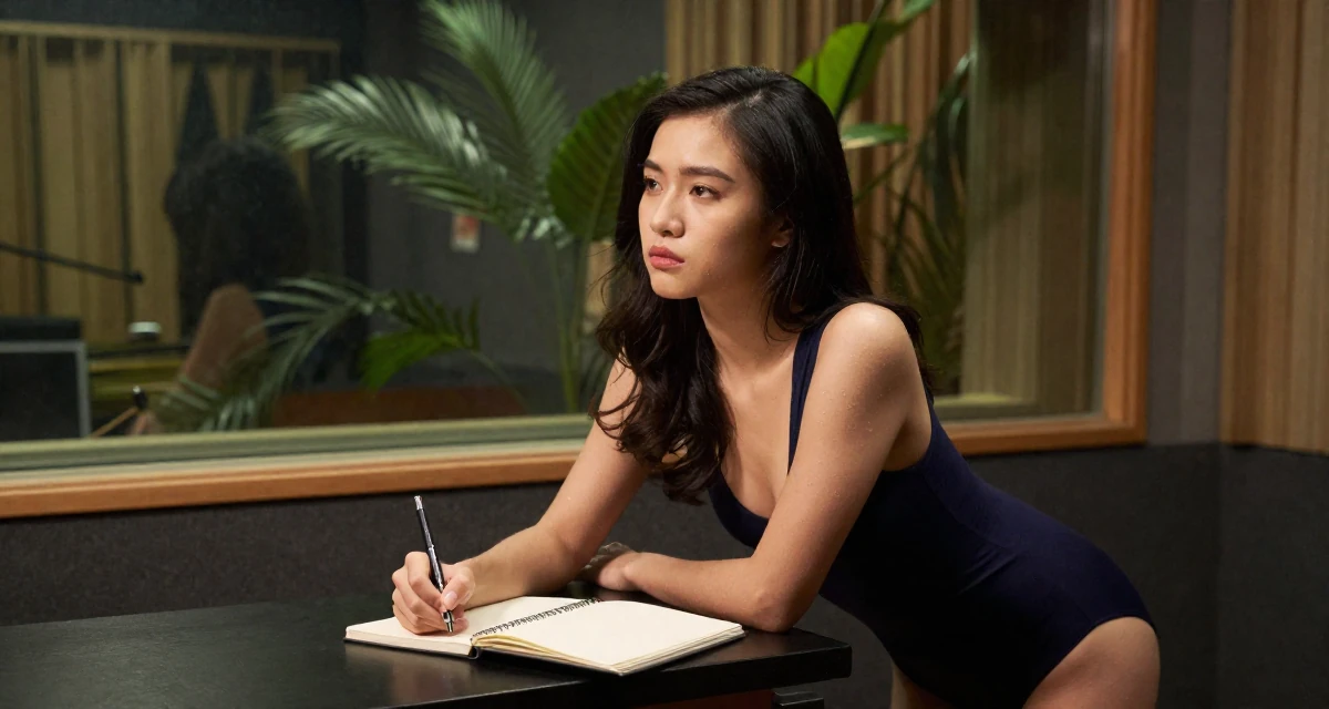 A wistful Female From Vietnam, majored in international business in their 26, taking night classes, wearing a sleeveless bodysuit with deep armholes, writing in a notebook in a recording booth.