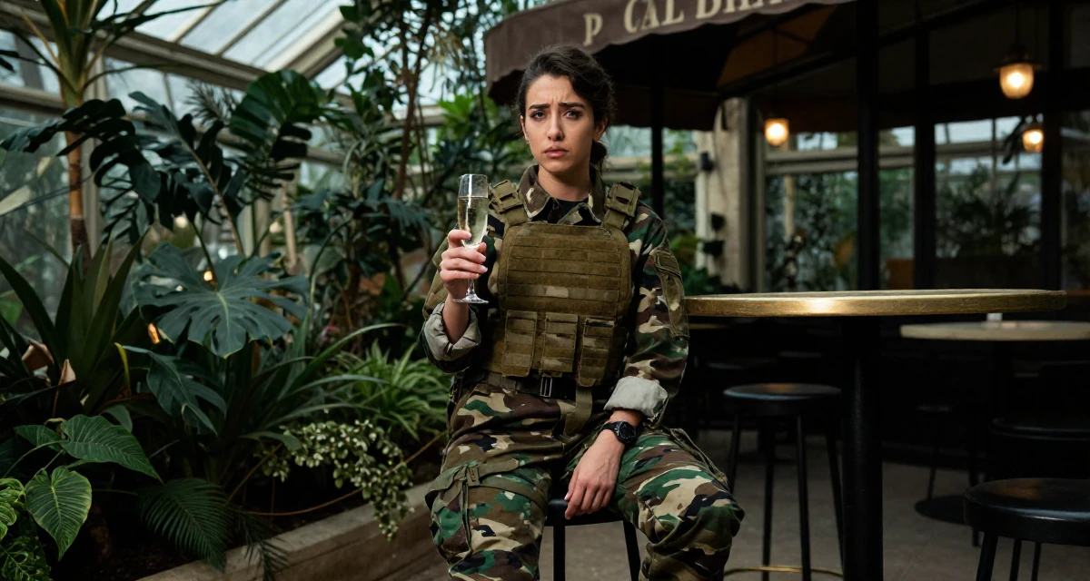 A confused Female From Lebanon, majored in digital journalism in their 24, learning how to set boundaries in private messages, wearing a commando outfit with camouflage paint and tactical harness, holding a champagne glass in a botanical greenhouse.