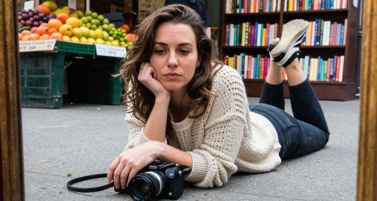 A zen-like Female From Canada, studied kinesiology in their 25, questioning long-term direction, wearing a loose open-knit sweater showing skin underneath, holding a purse tightly in a city sidewalk.