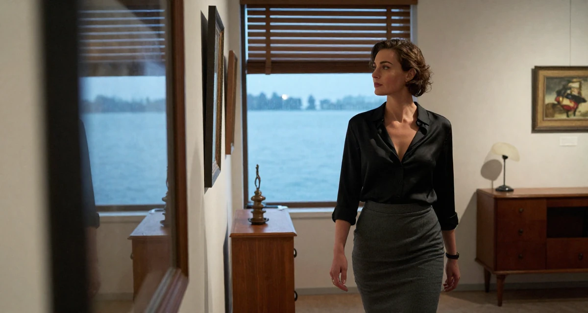A assured Female Former figure-skating student, now producing graceful aesthetic content in their 45, documenting the renovation of a vacation home, wearing a black silk blouse slightly unbuttoned and a grey skirt, checking a reflection in a window in a art gallery.