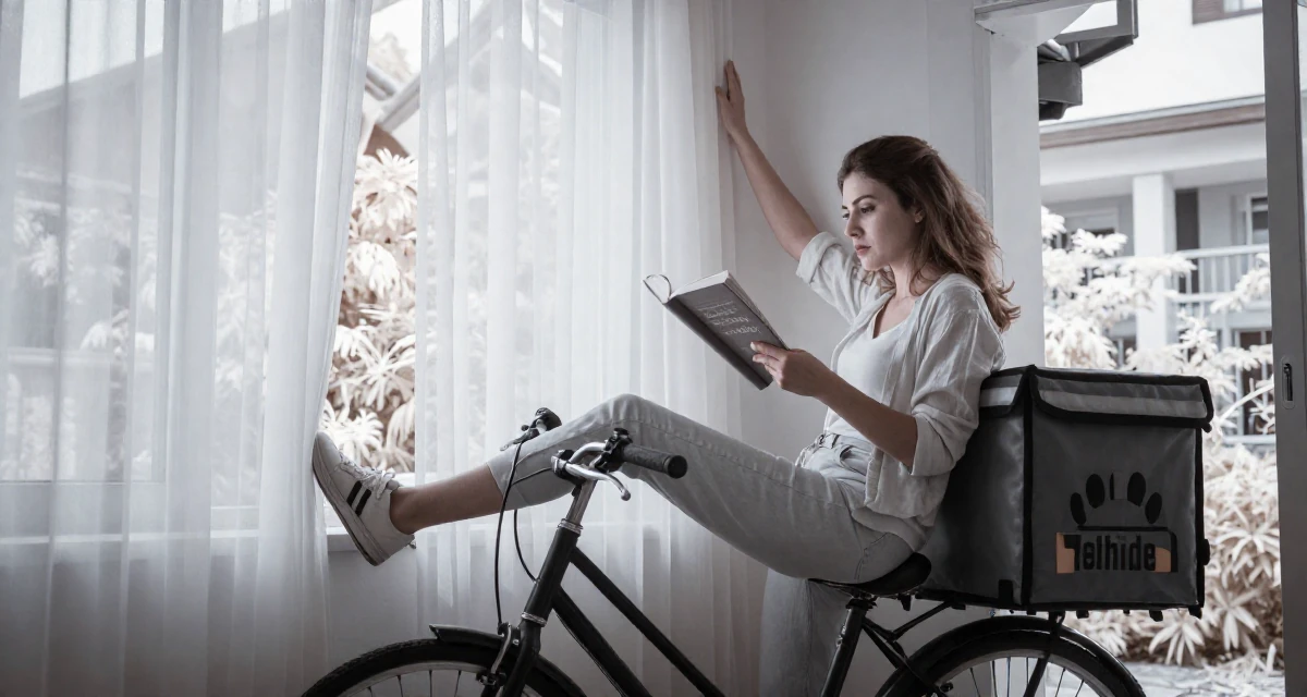 A relaxed Female Former food delivery biker, now exploring creator freedom in their 21, reading philosophy and questioning everything, wearing a light and airy spring attire, dangling a shoe from one foot in a home interior.