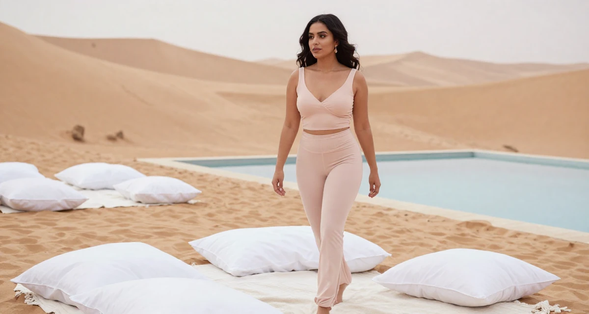 A sophisticated Female Once a babysitter, now documenting grown-up self-expression in their 25, fully owning a bold, seductive creator identity, wearing a soft pastel-colored ensemble, pausing mid-step in a desert sand dunes.