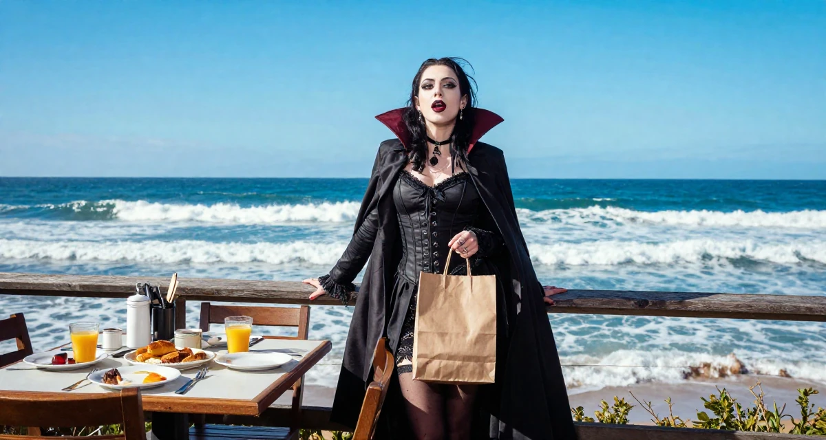 A bold and charismatic Female Former retail cashier, now monetizing aesthetic self-portraits in their 23, realizing self-promotion is a full-time job with no salary, wearing a gothic vampire hunter outfit with a long coat, holding a shopping bag in a breakfast nook.