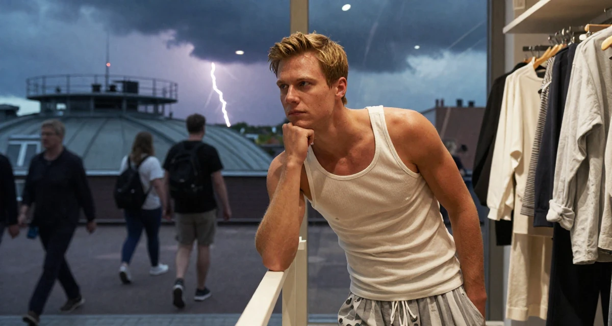 A ethereal male From Sweden, based in Malmö, graduated from a media school majoring in expressive content aesthetics in their 28, saving aggressively for first home, wearing a fitted racerback tank and pajama shorts, holding a railing in a clothing boutique.