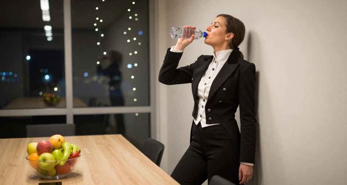 A self-assured Female From Kraków Poland, majored in European studies in their 30, planning adult responsibilities with unstable cash flow, wearing a circus ringmaster outfit with a tailcoat, drinking from a water bottle in a conference room.