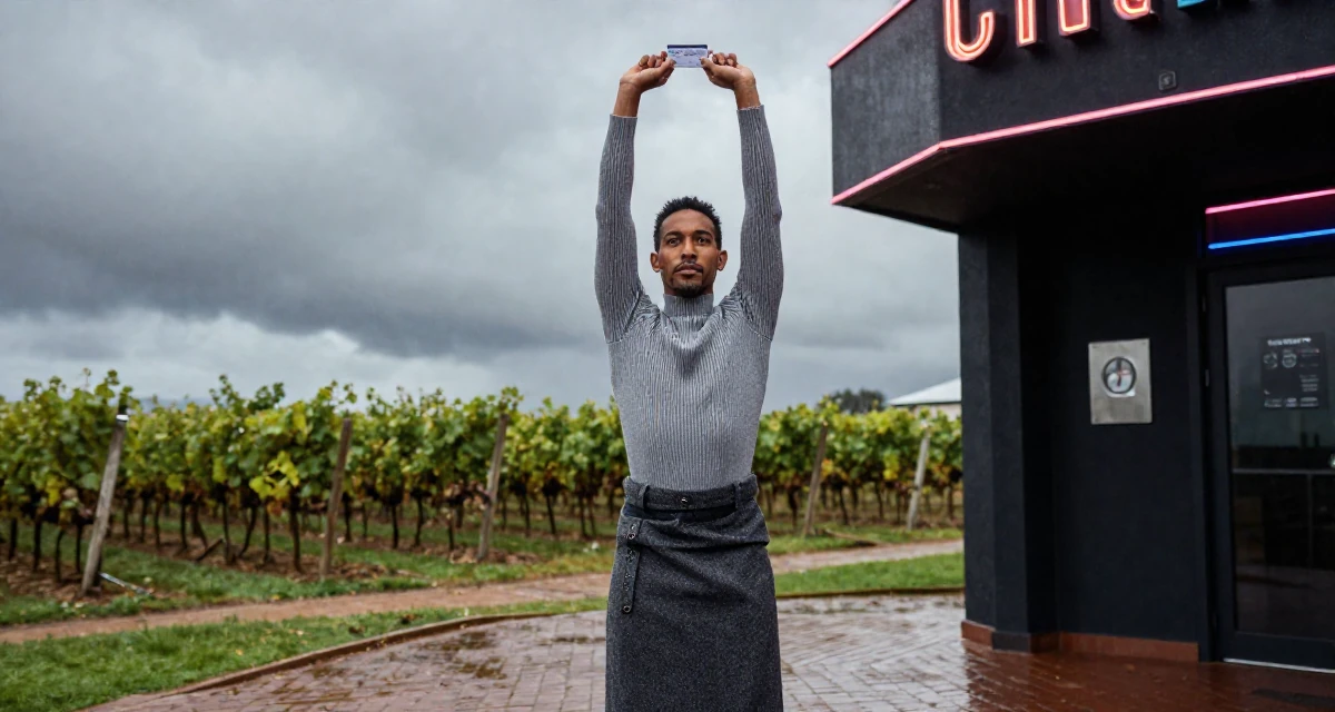A focused male From South Africa, studied journalism in their 38, focused on longevity and holistic wellness, wearing a ribbed mock neck top and a long wool skirt, holding a subway card in a cinema entrance.