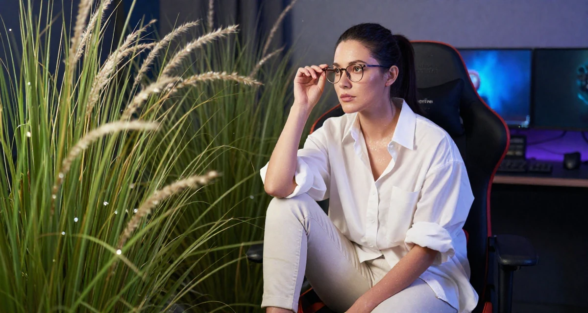 A thoughtful Female From Angola, majored in logistics operations in their 47, preparing for the empty nest phase, wearing a oversized white shirt with sleeves rolled up and slim trousers, pushing glasses up the nose in a gaming room.