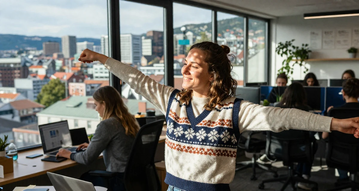 A cheerful Female From Bergen Norway, studied business economics in their 25, adjusting expectations for adult life, wearing a preppy sweater vest combo, stretching arms after waking in a busy coworking space.