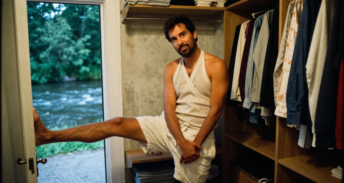 A mischievous male From Canada, majored in anthropology in their 37, focused on building generational wealth, wearing a criss-cross halter neck top and linen shorts, clasping hands together in a walk-in wardrobe.