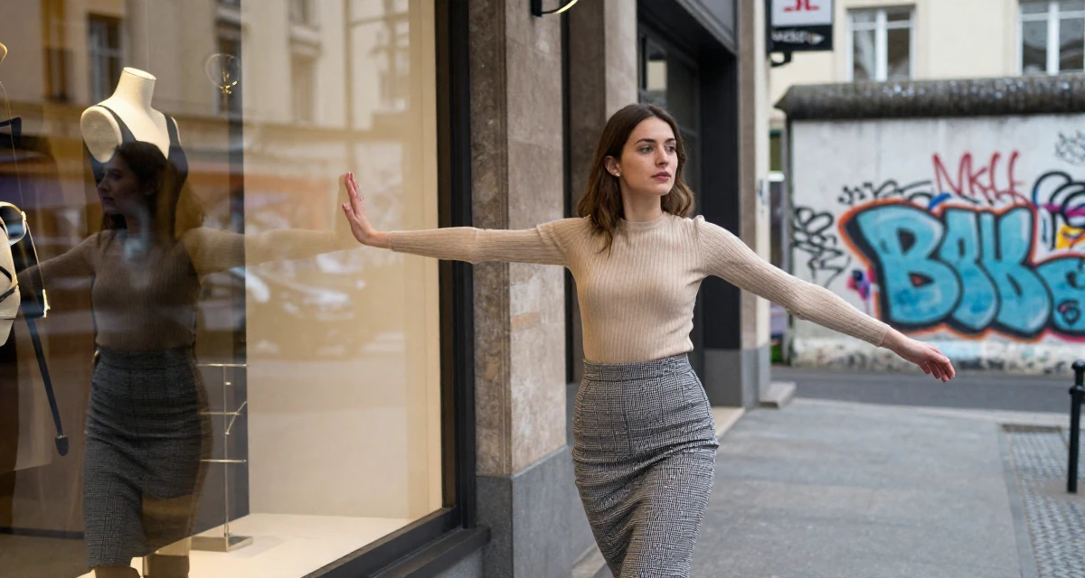 A reserved Female From Lyon France, learned couture aesthetics and editorial styling in their 25, trying to avoid burnout from overthinking every post, wearing a fitted ribbed top and a check pattern skirt, stretching arms after waking in a luxury hotel lobby.